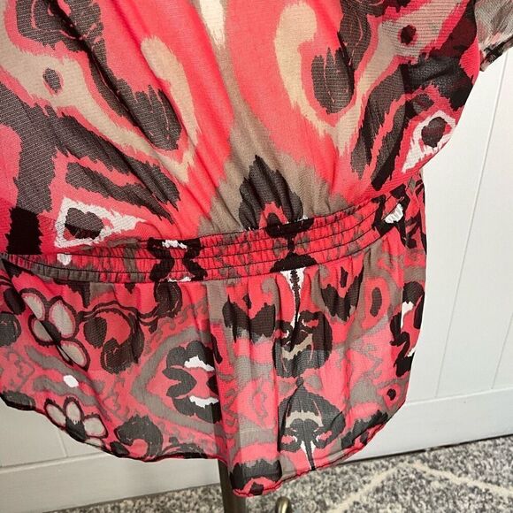 INC International Womens Medium Sheer Blouse Orange Brown Elastic Waist - Picture 4 of 14